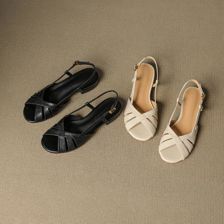 Low-heeled flat sandals, round toe, buckle, sheepskin fashion women's shoes, 6-20u