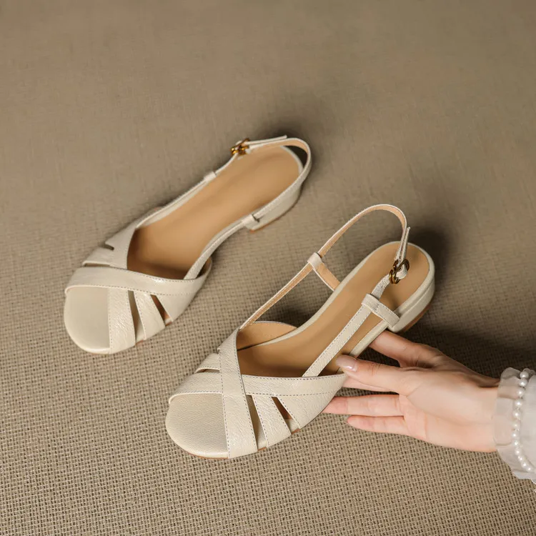 Low-heeled flat sandals, round toe, buckle, sheepskin fashion women's shoes, 6-20u