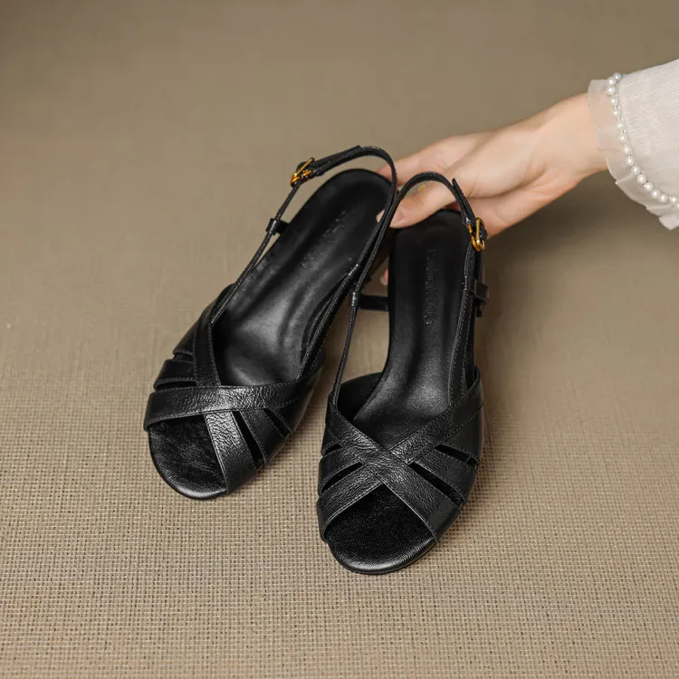 Low-heeled flat sandals, round toe, buckle, sheepskin fashion women's shoes, 6-20u