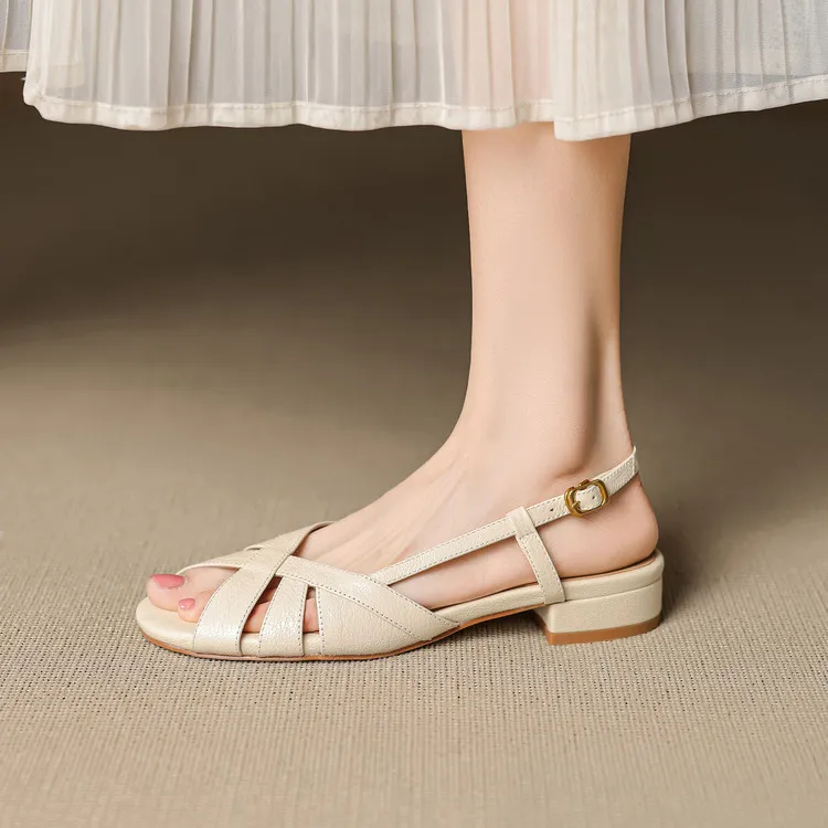 Low-heeled flat sandals, round toe, buckle, sheepskin fashion women's shoes, 6-20u
