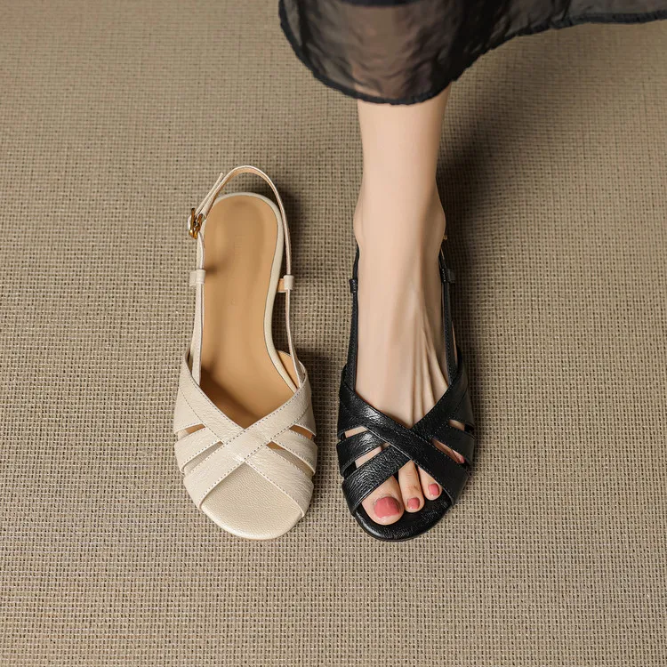 Low-heeled flat sandals, round toe, buckle, sheepskin fashion women's shoes, 6-20u