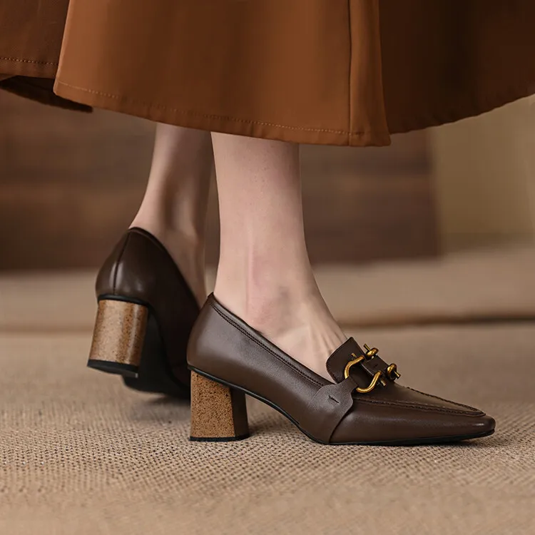 Spring and Autumn Square Toe Slip-on Single Shoes Chunky Heel High Heel Cowhide Fashion Women's Shoes 6-20f Fashion Full Leather Shoes