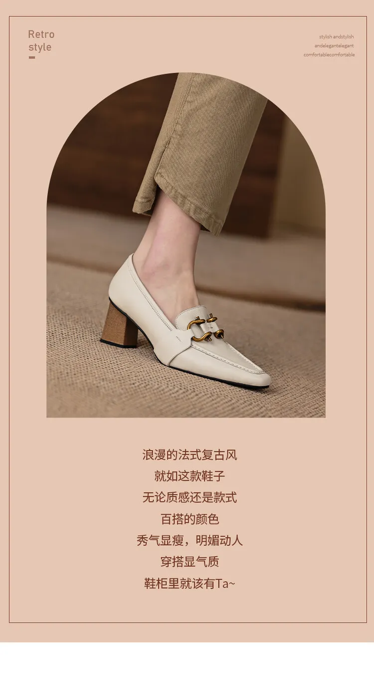 Spring and Autumn Square Toe Slip-on Single Shoes Chunky Heel High Heel Cowhide Fashion Women's Shoes 6-20f Fashion Full Leather Shoes