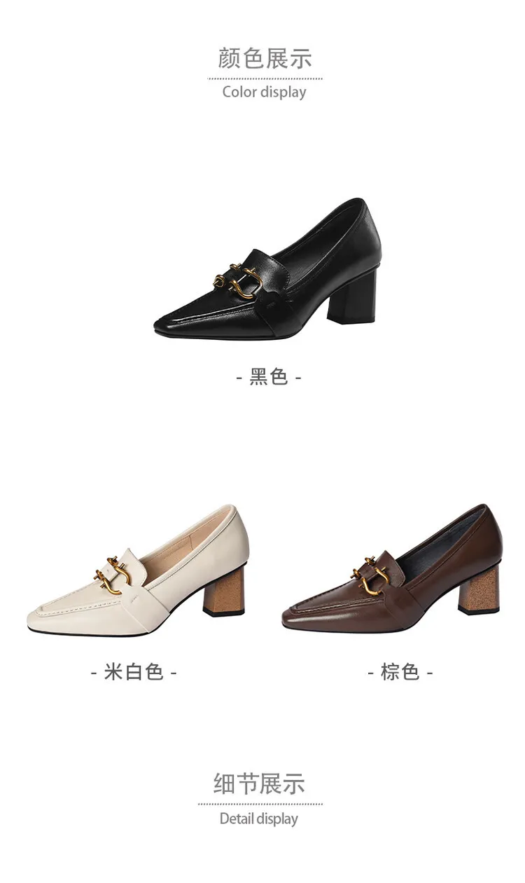Spring and Autumn Square Toe Slip-on Single Shoes Chunky Heel High Heel Cowhide Fashion Women's Shoes 6-20f Fashion Full Leather Shoes