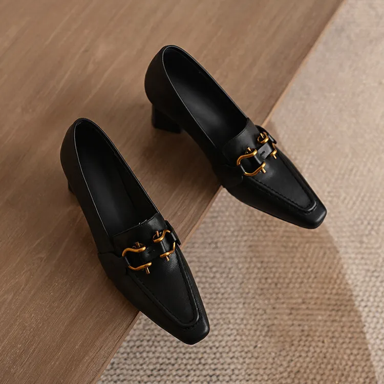 Spring and Autumn Square Toe Slip-on Single Shoes Chunky Heel High Heel Cowhide Fashion Women's Shoes 6-20f Fashion Full Leather Shoes