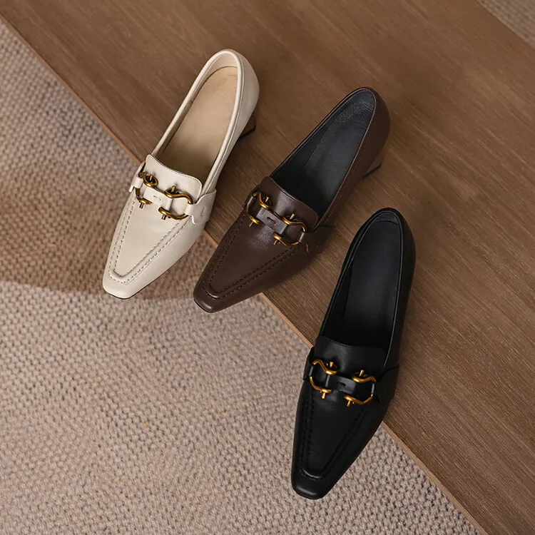 Spring and Autumn Square Toe Slip-on Single Shoes Chunky Heel High Heel Cowhide Fashion Women's Shoes 6-20f Fashion Full Leather Shoes