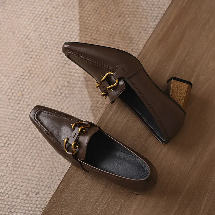 Spring and Autumn Square Toe Slip-on Single Shoes Chunky Heel High Heel Cowhide Fashion Women's Shoes 6-20f Fashion Full Leather Shoes