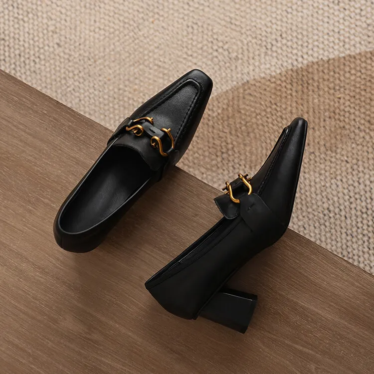 Spring and Autumn Square Toe Slip-on Single Shoes Chunky Heel High Heel Cowhide Fashion Women's Shoes 6-20f Fashion Full Leather Shoes