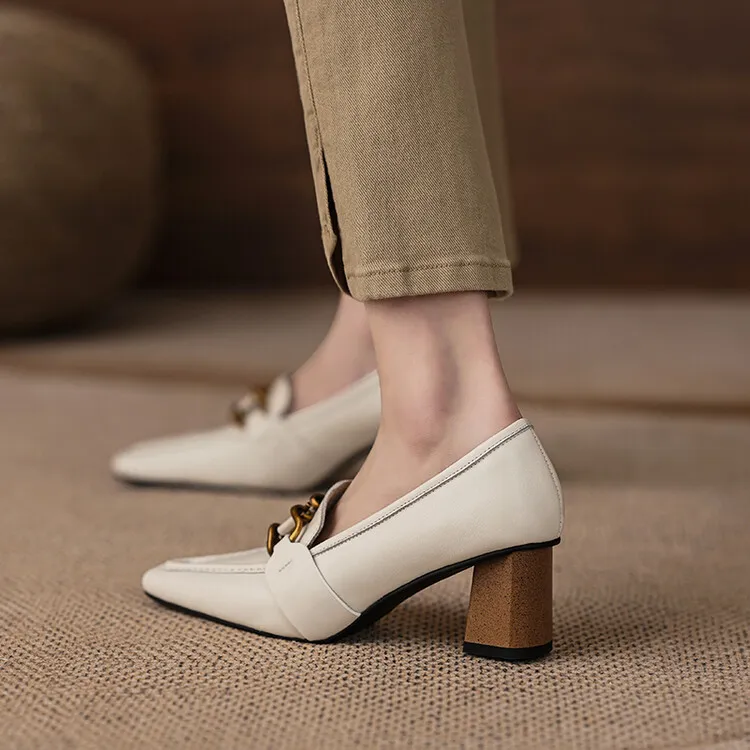 Spring and Autumn Square Toe Slip-on Single Shoes Chunky Heel High Heel Cowhide Fashion Women's Shoes 6-20f Fashion Full Leather Shoes