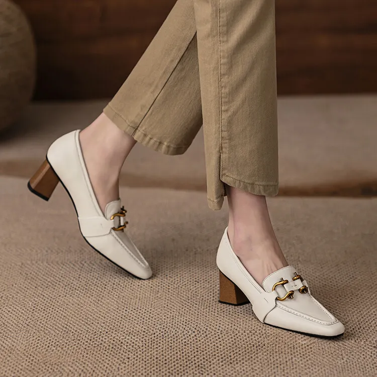 Spring and Autumn Square Toe Slip-on Single Shoes Chunky Heel High Heel Cowhide Fashion Women's Shoes 6-20f Fashion Full Leather Shoes