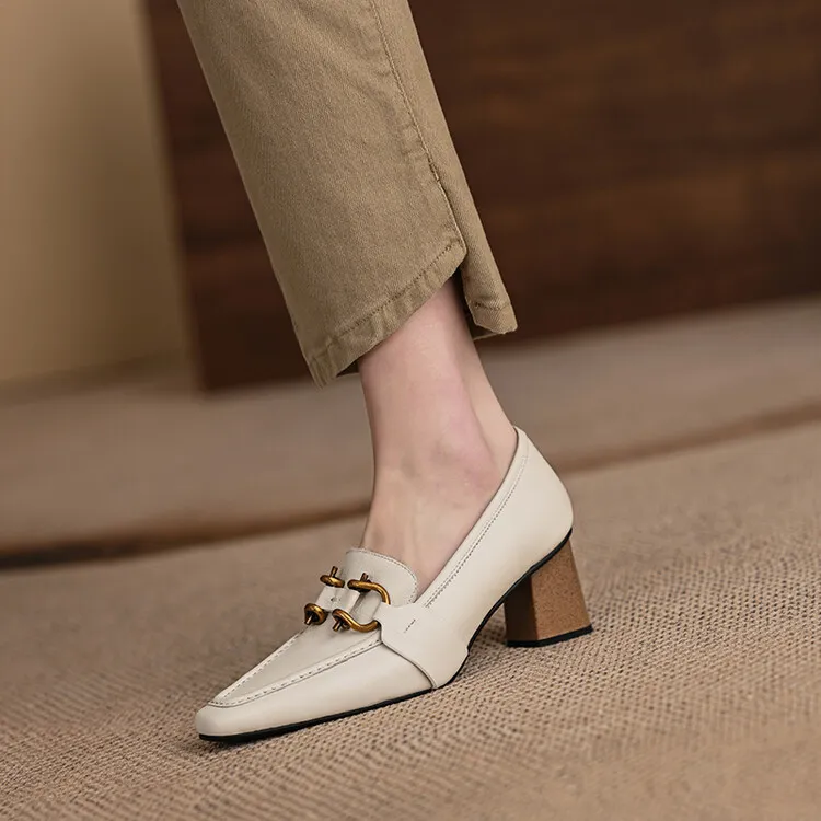Spring and Autumn Square Toe Slip-on Single Shoes Chunky Heel High Heel Cowhide Fashion Women's Shoes 6-20f Fashion Full Leather Shoes