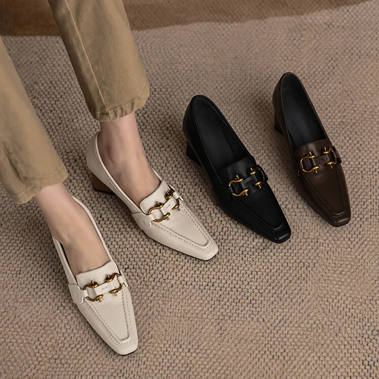 Spring and Autumn Square Toe Slip-on Single Shoes Chunky Heel High Heel Cowhide Fashion Women's Shoes 6-20f Fashion Full Leather Shoes
