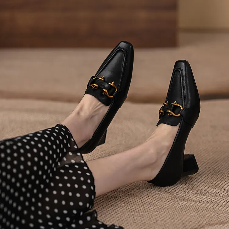 Spring and Autumn Square Toe Slip-on Single Shoes Chunky Heel High Heel Cowhide Fashion Women's Shoes 6-20f Fashion Full Leather Shoes