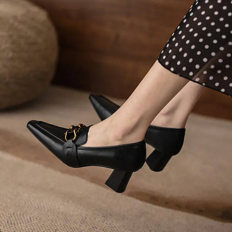 Spring and Autumn Square Toe Slip-on Single Shoes Chunky Heel High Heel Cowhide Fashion Women's Shoes 6-20f Fashion Full Leather Shoes