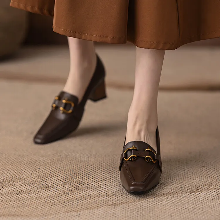 Spring and Autumn Square Toe Slip-on Single Shoes Chunky Heel High Heel Cowhide Fashion Women's Shoes 6-20f Fashion Full Leather Shoes