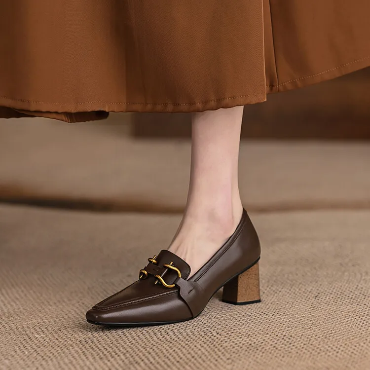 Spring and Autumn Square Toe Slip-on Single Shoes Chunky Heel High Heel Cowhide Fashion Women's Shoes 6-20f Fashion Full Leather Shoes