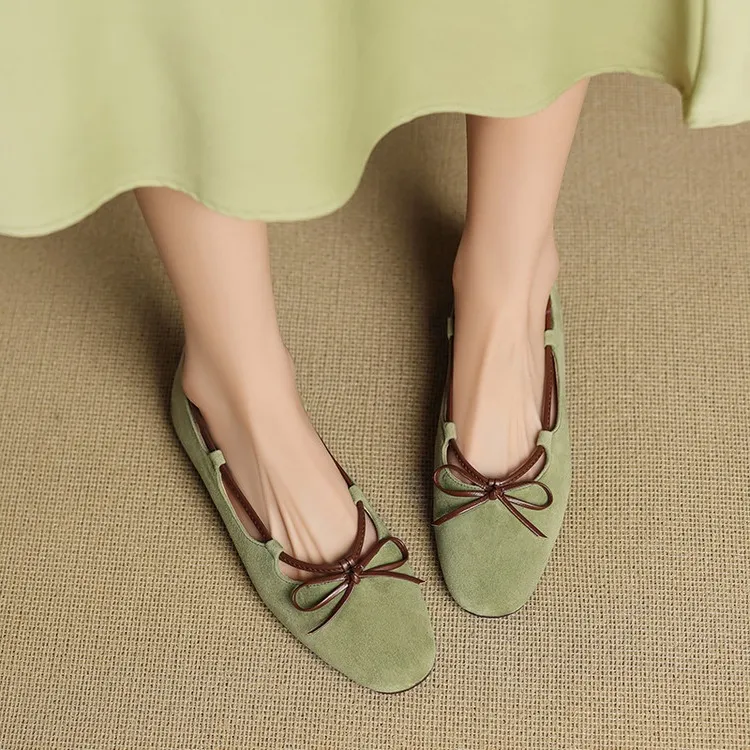 Autumn round-toe flat shoes with bow, sheepskin, low-cut women's shoes