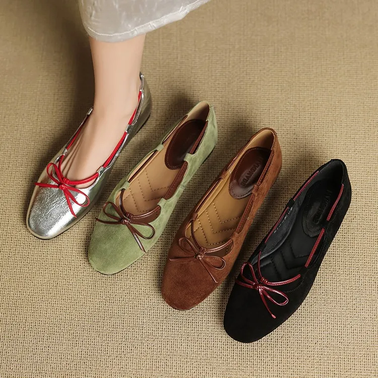 Autumn round-toe flat shoes with bow, sheepskin, low-cut women's shoes