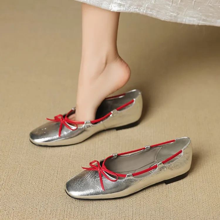 Autumn round-toe flat shoes with bow, sheepskin, low-cut women's shoes