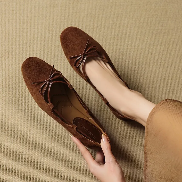 Autumn round-toe flat shoes with bow, sheepskin, low-cut women's shoes