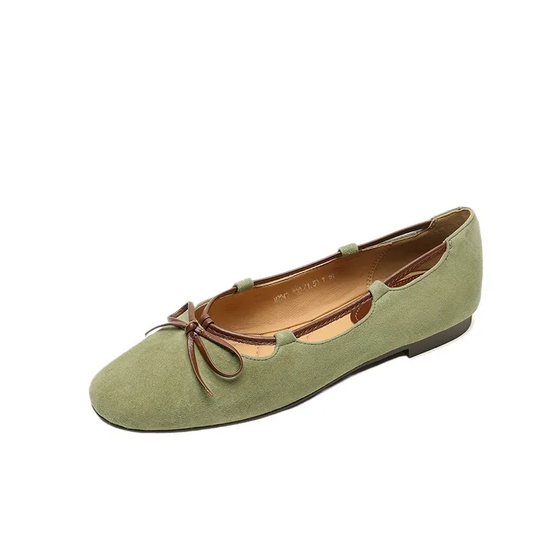 Autumn round-toe flat shoes with bow, sheepskin, low-cut women's shoes