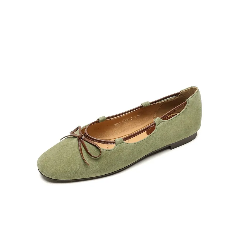 Autumn round-toe flat shoes with bow, sheepskin, low-cut women's shoes