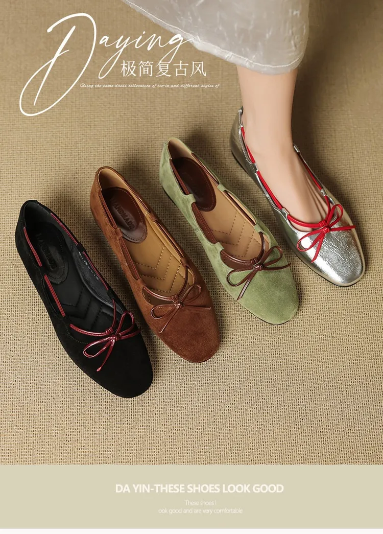 Autumn round-toe flat shoes with bow, sheepskin, low-cut women's shoes