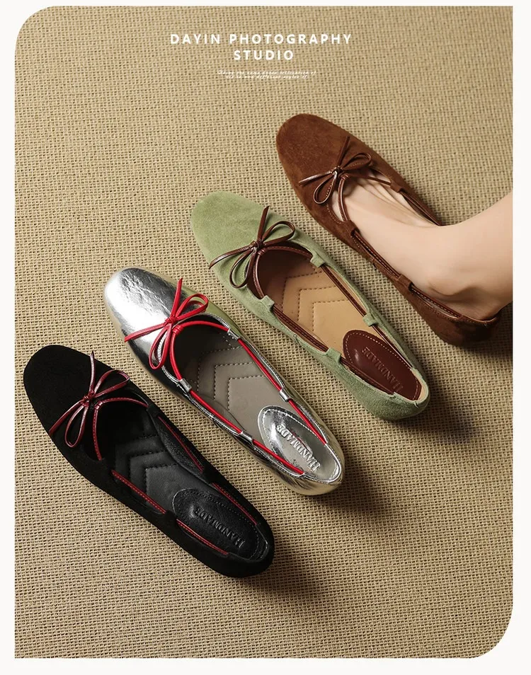 Autumn round-toe flat shoes with bow, sheepskin, low-cut women's shoes