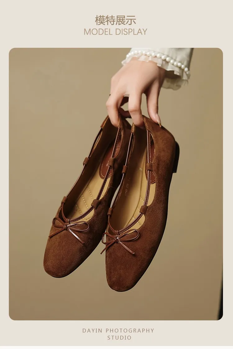 Autumn round-toe flat shoes with bow, sheepskin, low-cut women's shoes