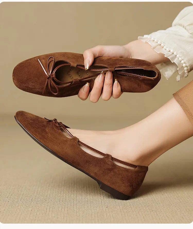 Autumn round-toe flat shoes with bow, sheepskin, low-cut women's shoes