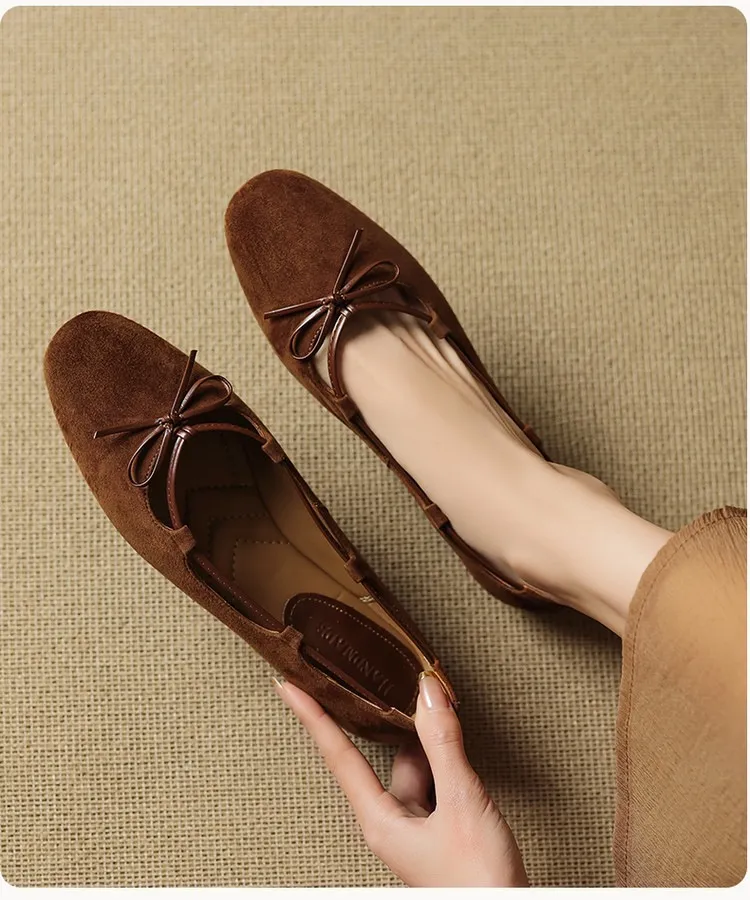 Autumn round-toe flat shoes with bow, sheepskin, low-cut women's shoes