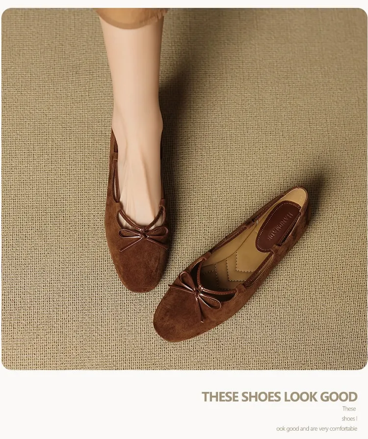 Autumn round-toe flat shoes with bow, sheepskin, low-cut women's shoes