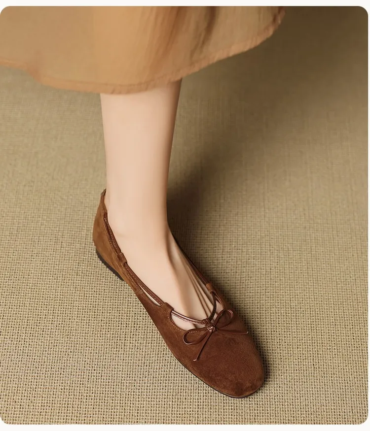 Autumn round-toe flat shoes with bow, sheepskin, low-cut women's shoes