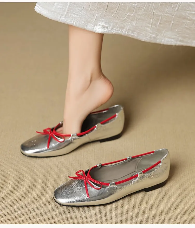 Autumn round-toe flat shoes with bow, sheepskin, low-cut women's shoes