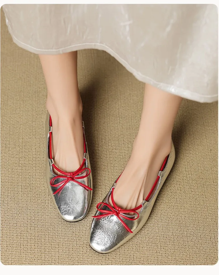 Autumn round-toe flat shoes with bow, sheepskin, low-cut women's shoes