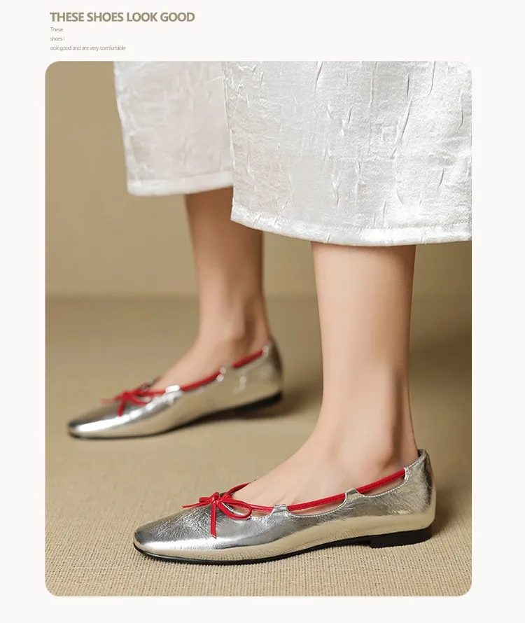 Autumn round-toe flat shoes with bow, sheepskin, low-cut women's shoes