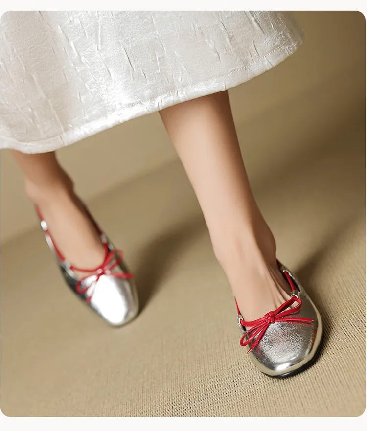 Autumn round-toe flat shoes with bow, sheepskin, low-cut women's shoes