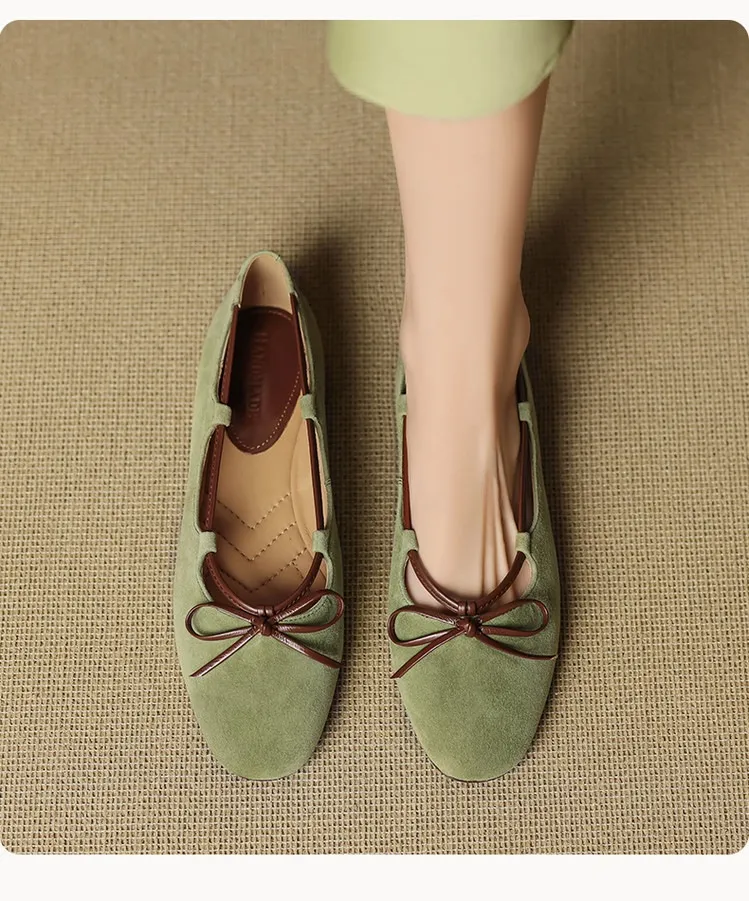 Autumn round-toe flat shoes with bow, sheepskin, low-cut women's shoes