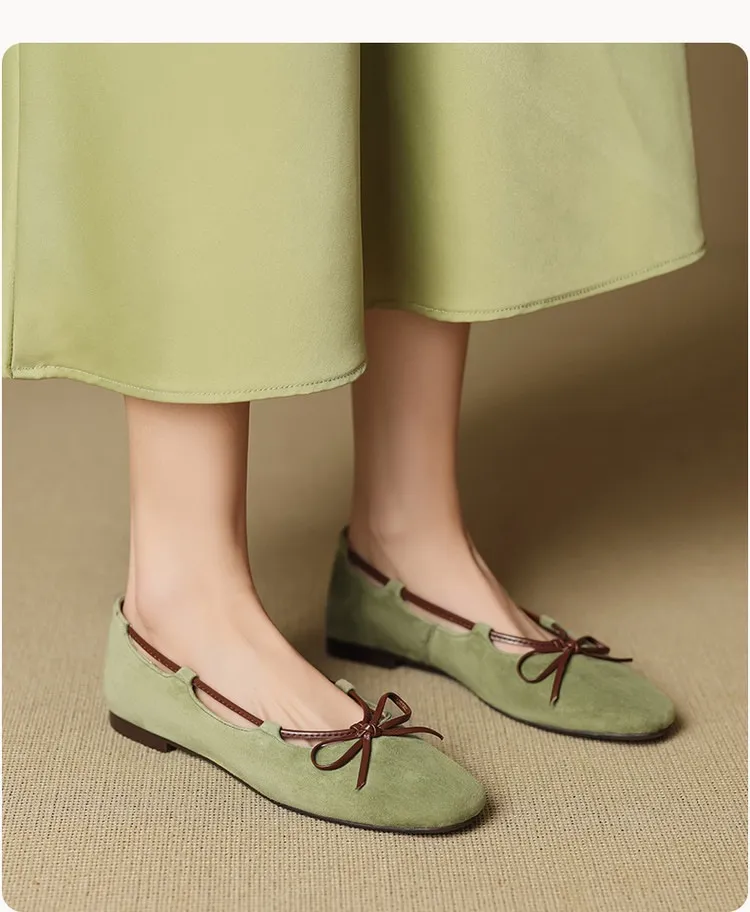 Autumn round-toe flat shoes with bow, sheepskin, low-cut women's shoes