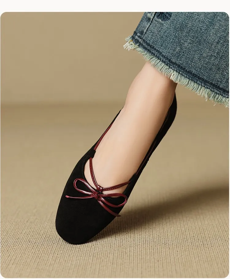 Autumn round-toe flat shoes with bow, sheepskin, low-cut women's shoes
