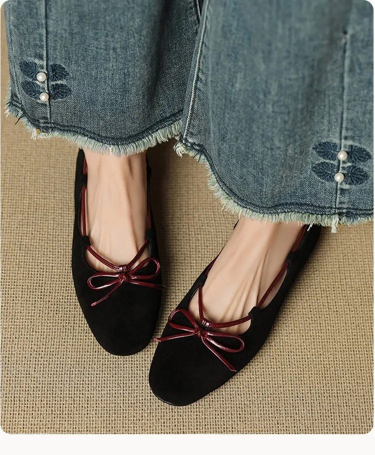 Autumn round-toe flat shoes with bow, sheepskin, low-cut women's shoes