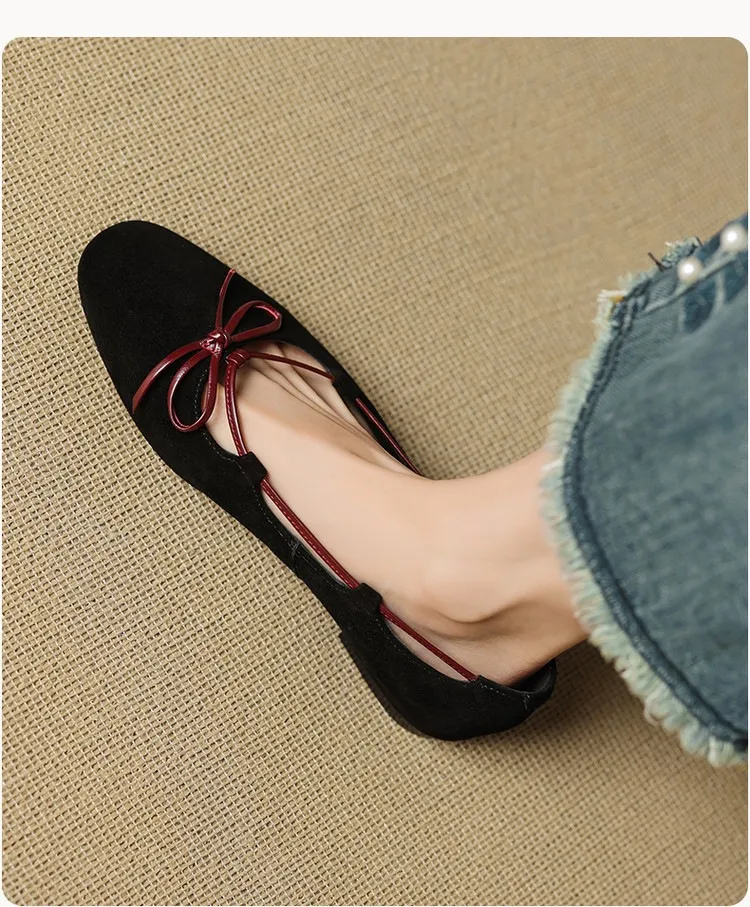 Autumn round-toe flat shoes with bow, sheepskin, low-cut women's shoes