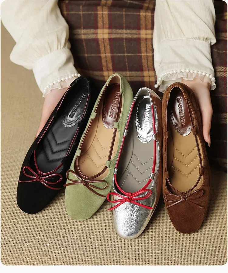 Autumn round-toe flat shoes with bow, sheepskin, low-cut women's shoes