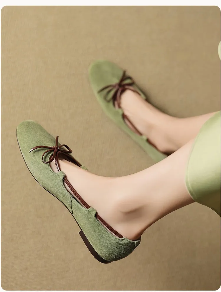 Autumn round-toe flat shoes with bow, sheepskin, low-cut women's shoes