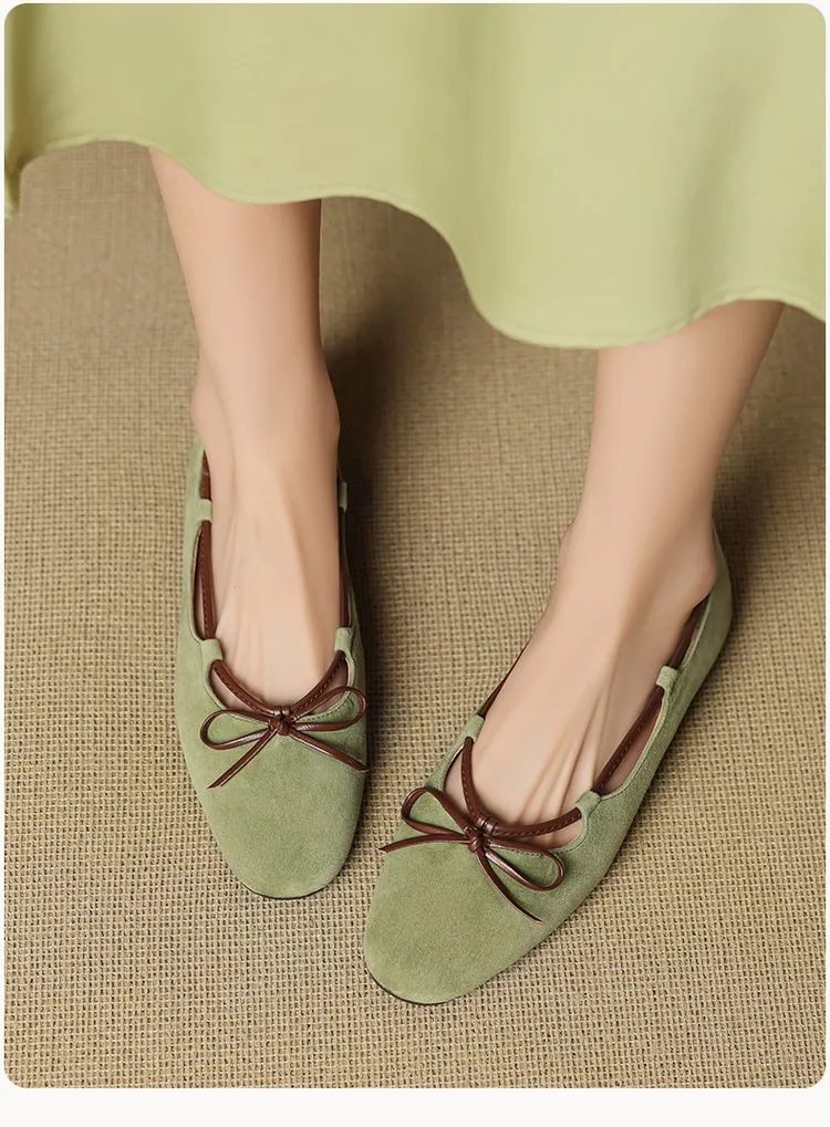 Autumn round-toe flat shoes with bow, sheepskin, low-cut women's shoes
