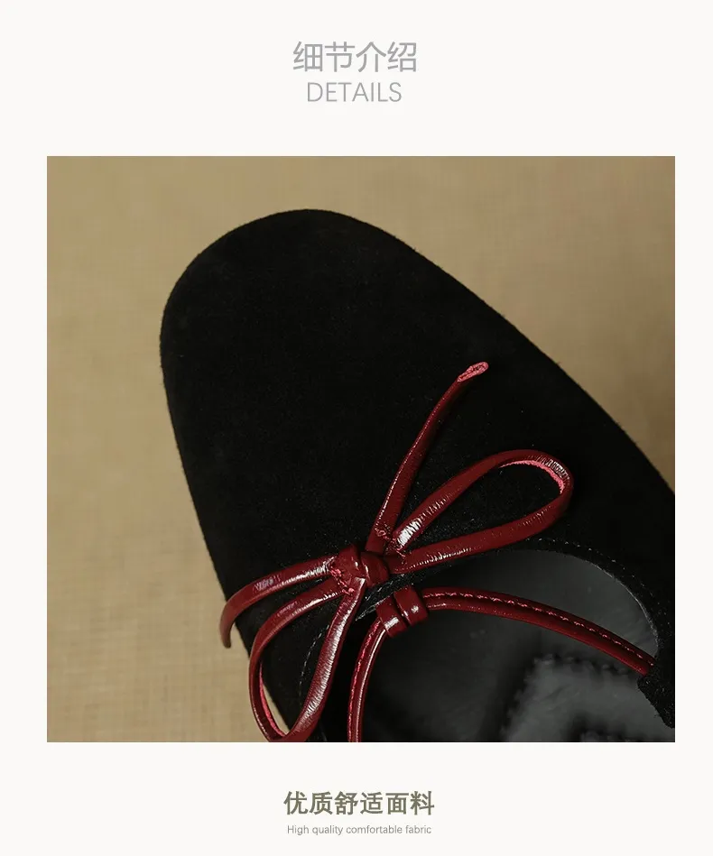 Autumn round-toe flat shoes with bow, sheepskin, low-cut women's shoes