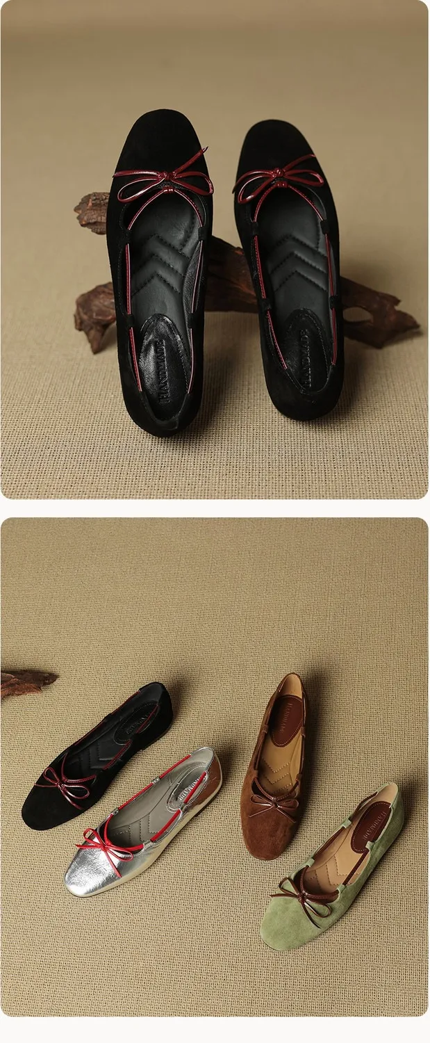 Autumn round-toe flat shoes with bow, sheepskin, low-cut women's shoes
