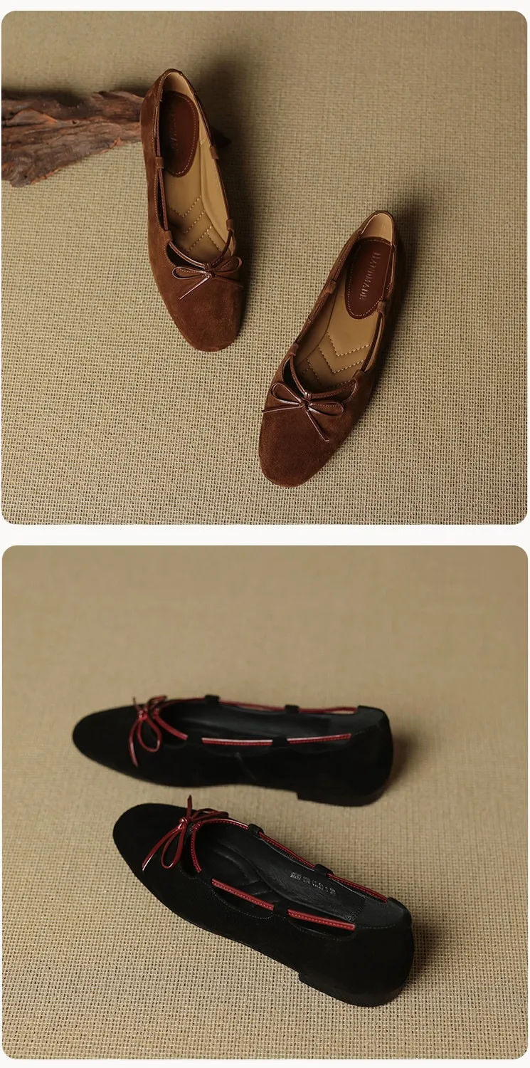 Autumn round-toe flat shoes with bow, sheepskin, low-cut women's shoes