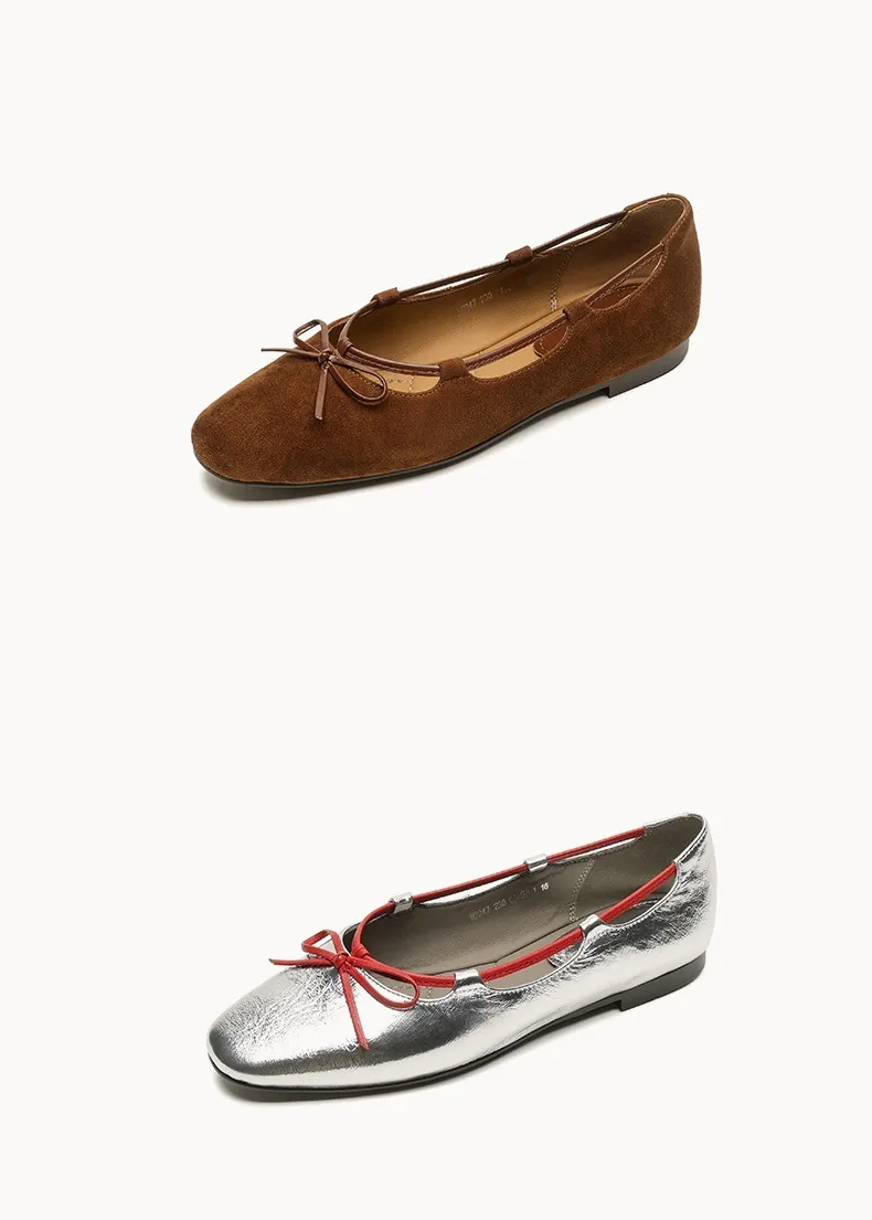 Autumn round-toe flat shoes with bow, sheepskin, low-cut women's shoes