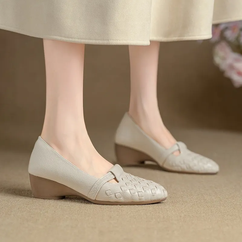 Autumn round-toe woven low-cut sheepskin wedge slip-on women's shoes